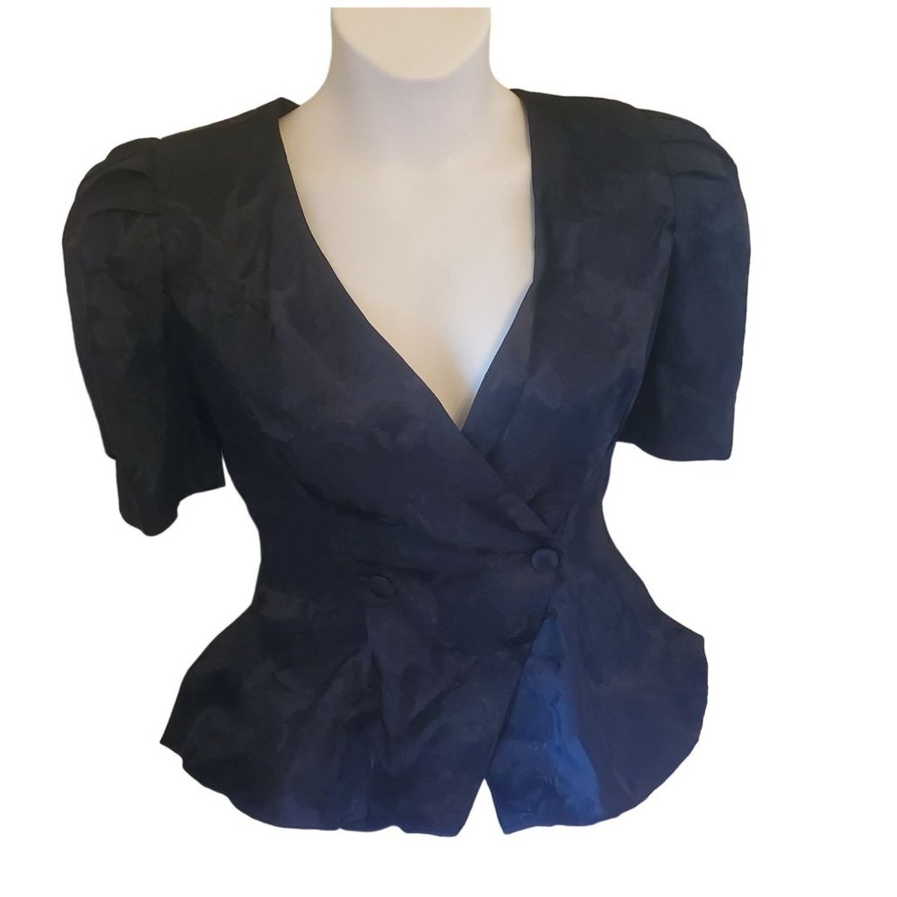Black Floral Formal Medium Blouse Top Fitted Wrap Short Sleeves Asymmetrical - Picture 3 of 4